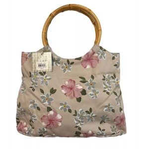 Fossil  1954 Tote Bag Womens Pale Tan Floral Faux Bamboo Handles - NWT